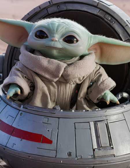 Grogu is piloting the spaceship <lora:grogu_realistic_xl_v1:0.8>