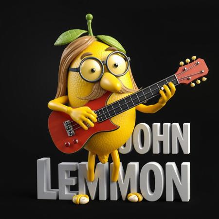 3D, A lemon with legs and arms playing a guitar. The lemon has a long nose, round glasses, a mustache, and long hair. The letters spell out "John Lemmon."