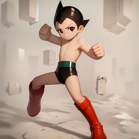 ((masterpiece, best quality)),(complex light),solo,solo focus,1boy,astro boy, short hair, black hair, black eyes,<lora:AstroBoy12-10:0.8>,red boots, simple background, raised fist,android,