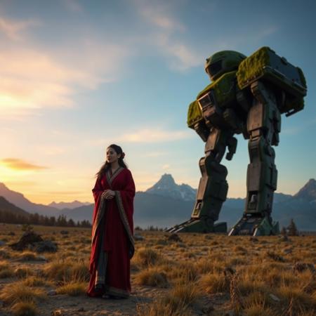 A giant robot cowboy sits in a valley, moss-covered robot.  A beautiful woman in traditional priestess robes stands in the foreground, thoughtful. mountains in background. sunset sky.