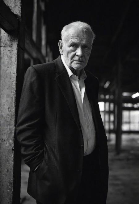 tyson_dayley <lora:tyson_dayley-08:0.75> , urban gritty location, posing in an industrial setting with steel beams,  old man, natural lighting, dramatic directional lighting, bold confident mood, black and white Peter Lindbergh photography