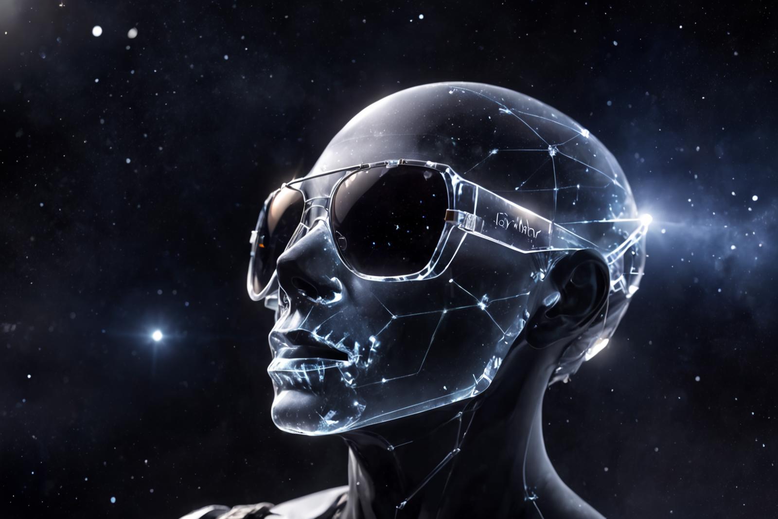 A woman with a face made of stars and sunglasses on a black background.