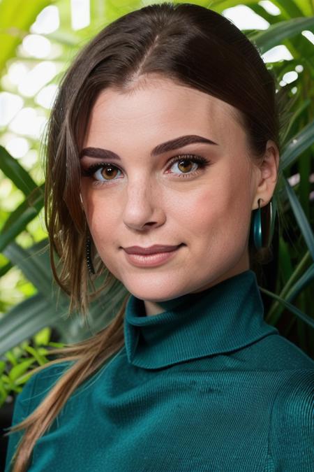 a stunning young woman in a stunning teal turtleneck dress, in a jungle paradise, cinematic lighting, (stunning eyes, extreme close up), [adorable smile, smiling:0.5], perfect face, raw, 8k uhd, <lora:emilyVanCamp:1>