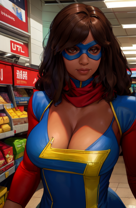 Khamala,brown eyes,dark brown hair,lips,standing,upper body,smile, 
blue domino mask, red scarf, red and blue bodysuit lightning bolt symbol cleavage,  
mall,  indoors,  super market,  solo, 
(insanely detailed, beautiful detailed face, masterpiece, best quality),
 <lora:Khamalakhan-10v7:0.8>