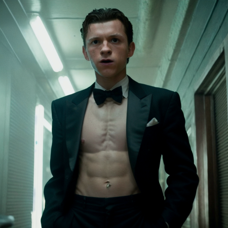 RAW full body portrait of tomholland person wearing a tuxedo, professional photography, in blade runner, high resolution, 4k, 50mm, vaporwave, photo by Brooke Shaden,  <lora:tomholland_6150:1>