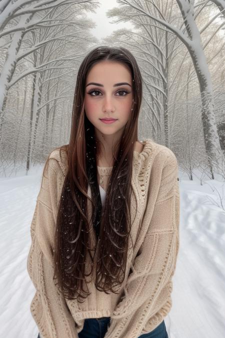 Masterpiece, close up headshot, best quality, ((outside in a winter forest)), ((heavy snow)), photorealism, photorealistic, BREAK
colorful, wearing a sweater and skinny jeans, BREAK
small breasts, makeup, long straight hair, pale skin, fair skin, white skin, BREAK
 <lora:MH2.0:1>