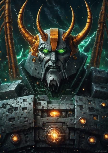 Unicron, masterpice retrostyle sci-fi art, anime, giant robot, detailed metal face, green eyes, horns, wings, lightning, stars, space, 2d, digital painting, high quality, high detailed, sharp focus<lora:lora\Unicron_G1.safetensors:1.0:1.0>
