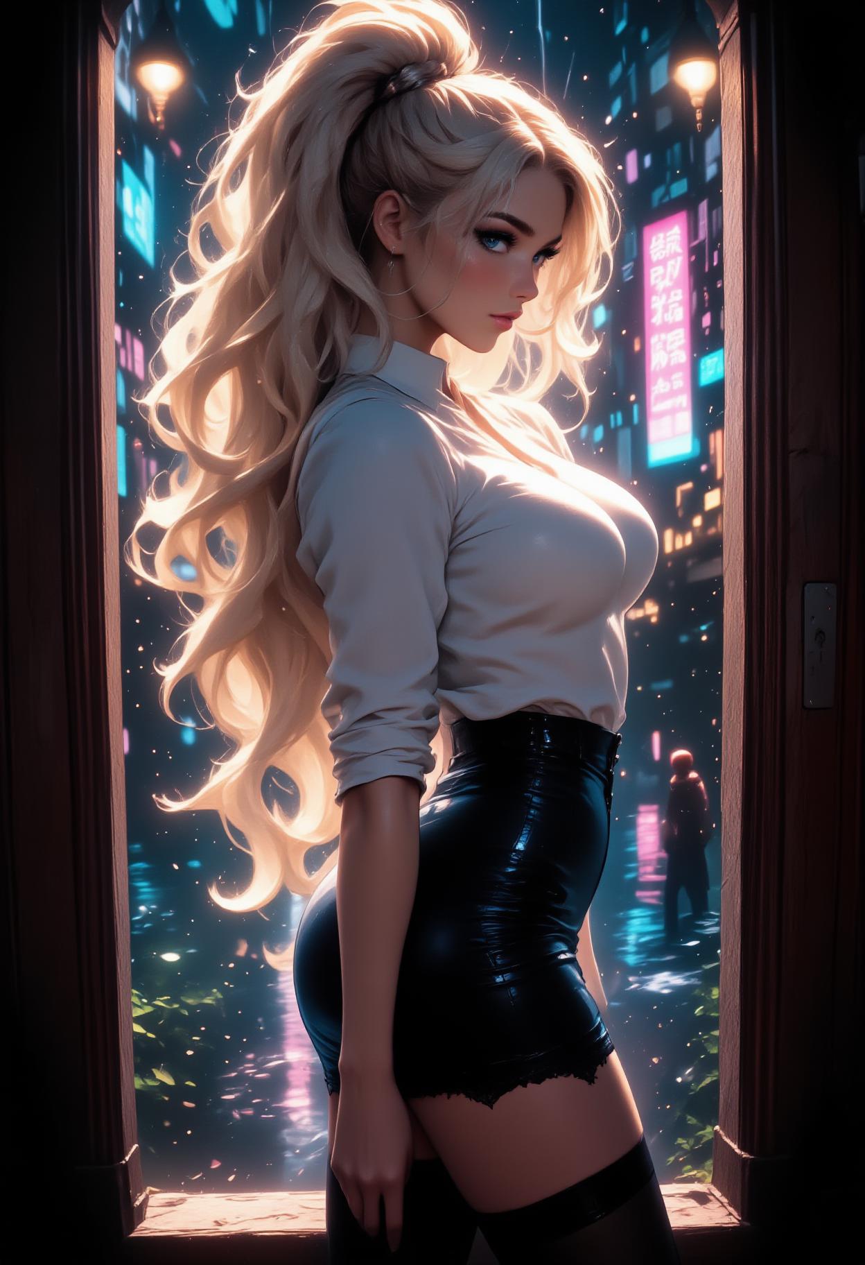 At night,a beautiful female model,a side view portrait of gorgeous Chinese model walking in the corner of the streetï¼legs together,view from sideï¼wavy blonde hair,high_ponytail,Fluffy hair,blue_eyes, big breasts,long_legs,slender,shiny skin,white collared_shirt,black_pencil_skirt,lace_trim_black_thighhighs,black_high_heels,rainï¼Streets with stagnant waterï¼looking at viewï¼, cinematic_lighting,moodyÂ lighting,availableÂ light,,masterpiece,best qualityd8K, 32K, 4K, ULTRA HD,Professional,extreme detail description,Highly detailed,, BManime,aidmafluxpro1.1,pretty eyes,aidmansfwunlockfluxponystyle,ArsMJStyle,