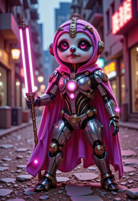 pinkmechalux, a cute cyborg, sloth wizard, with metallic NEON led crown, wearing a magic cape and holding a super weapon mystic staff
 aidmaHiDreamStyle , aidmaHyperrealism