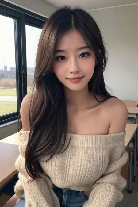 Best quality, masterpiece, ultra high res, photorealistic, 8K raw photo, highly detailed, high quality texture, detailed texture, extremely detailed, realistic shadow, soft lighting, extremely detailed face, realistic face, (best quality, masterpiece:1.2), big breast, charming face, clear eyes, realistic skin texture, long hair, narrow waist, skinny, girlfriend, 20 years old, smile, laugh, film grain, innocent face, blush, (in college lesson), shy, people in background, off shoulder