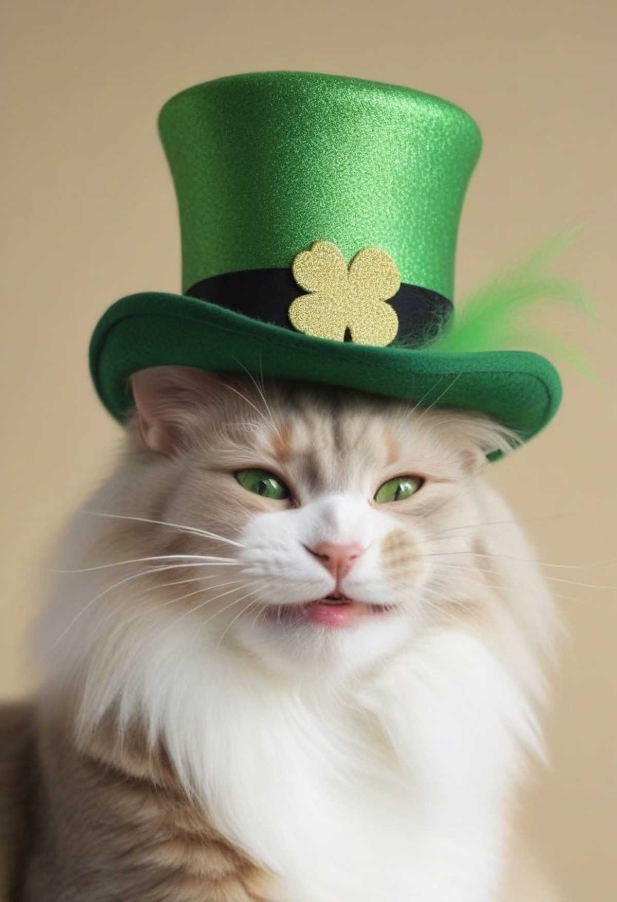 A strikingly majestic St. Patrick's Day cat wearing a leprechaun hat and a fake green beard, its fur exhibiting a stunning...
