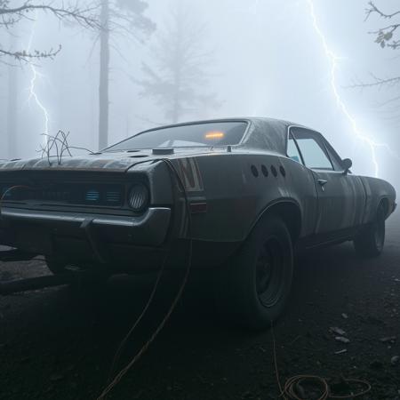 Foggy night. A rusty muscle car with holes through it from corrosion. Muscle car drives through a foggy rough forest terrain. Electric sparks and lightning come from the trees to car. The car body is pierced with many cables and tubes that lead inside the car. There are computers and scientific machines inside the car. Bright lightning is reflected on the car body. Very foggy terrain. Noise in the photo.