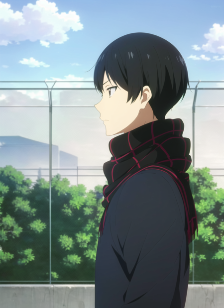 kyoukai no kanata <lora:kyoukai_no_kanata_offset:1>, masterpiece, best quality, 1boy, solo, male focus, scarf, black hair, fence, profile, upper body, chain-link fence, outdoors, sky, from side, cloud