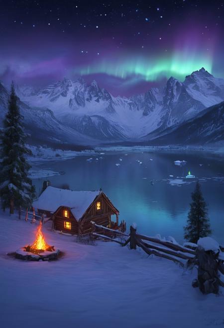 Winter, Snowy mountain village, Torchlight, Ancient artifact, Glowing runes, Blue, Purple, Green, Yellow, Red, Otherworldly music, Mysterious atmosphere, Stone houses, Wooden fences, Steamy breath, Frozen lake, Pine trees, Northern lights, Starry night, Cold, Crisp, Moonlight, Shadows, Chilly, Icy, Mountain peaks, Snowdrifts, Snowy roofs, Icicles, Lanterns, Bonfire, Smoke, Peaceful, Secluded, Isolated, Tranquil, Calm, Quiet, Still, Majestic, Awe-inspiring, Breathtaking, Grand, Panoramic, Majestic, Epic, Bold, Powerful, Dramatic, Sublime, Inspiring, Evocative, Captivating, Enthralling, Mesmerizing, Alluring, Enchanting, Magical, Wondrous, Mesmerizing, Fascinating, Thought-provoking, Stirring