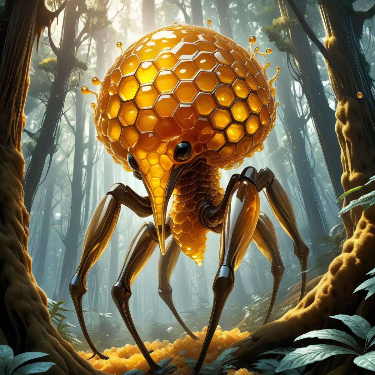 The Artistic Creation of a Yellow Bee-Inspired Insect in a Forest Setting