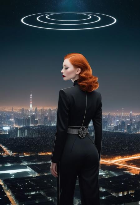 In center of the picture a woman holding up black circle in bold lines intersected by a thick lines, Gnostic symbol, symmetrical,
In the background: ((An enormous city sprawl with a city skyline reaching for the stars,
Aleph Tower, centre for the AI that rules the Human civilization, in a glittering city of glass and shining metal,
   bright sunlight under a pitch black sky.
twice five miles of urban sprawl,
in the front a mysterious woman, slick suit, long sleeves, long pants, reminiscent of old pin up models,( full body portrait:1.5), futuristic business fashion, secretive face, long ginger hair, flowing curls, pale skin, blushing, Freckles, red lipstick, slight smile, red shawl, proud)),  
Photographer Reuben Wu Style
