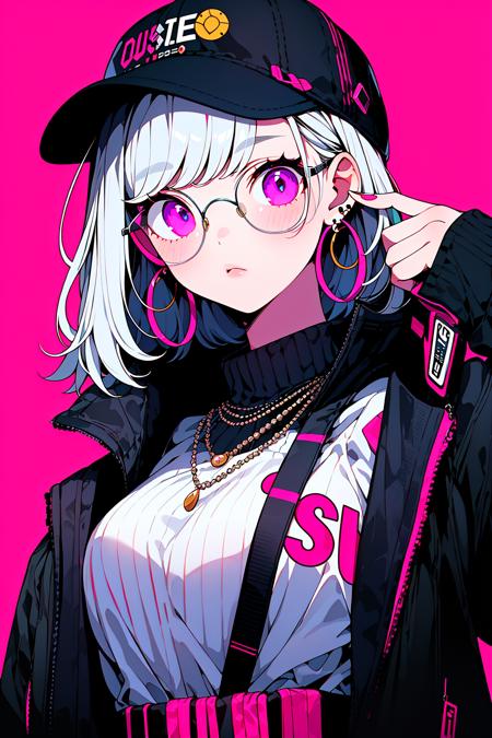 masterpiece,best quality,<lora:Saibogo:0.8>,saibo,1girl,cyberpunk,hat,earrings,glasses,simple background,magenta background,pearls and jewels,