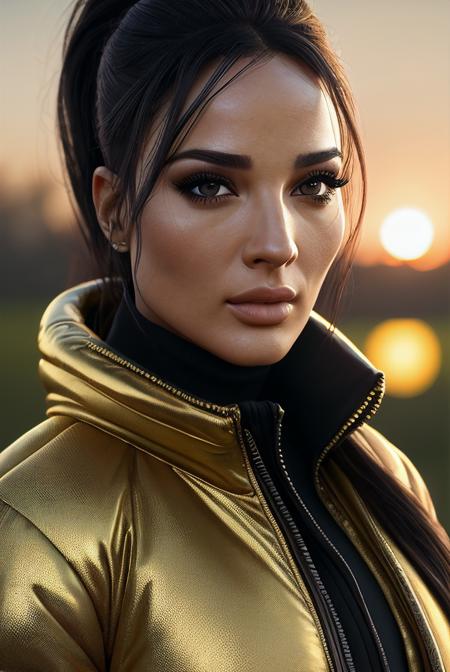 a beautiful woman (EPN4d1n3Nj31m:.99), (field of grass:1.2), ((golden hour)), (sun setting:1.2), (puffy jacket:1.1), ((portrait)), (closeup:1.2), ((from the waist up)),, 16mm, color graded portra 400 film, remarkable color, ultra realistic, textured skin, remarkable detailed pupils, realistic dull skin noise, visible skin detail, skin fuzz, dry skin, shot with cinematic camera, detailed skin texture, (blush:0.2), (goosebumps:0.3), subsurface scattering, oothing tones, insane details, intricate details, hyperdetailed, low contrast, soft cinematic light, exposure blend, hdr, faded, now, ("I've got a bad feeling about this.":1.1)