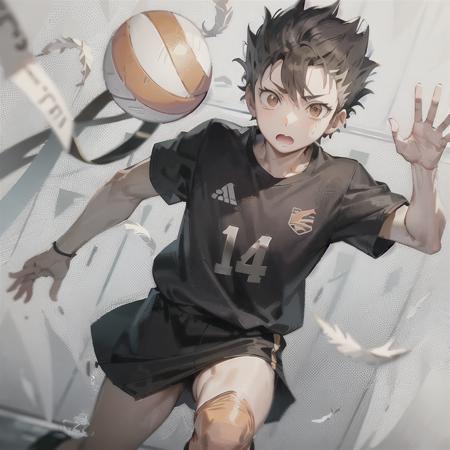 <lora:YuuNishinoya:0.6> Yuu Nishinoya masterpiece, best quality, ultra-detailed, illustration, 1boy, haikyuu!! nishinoya_yuu highres 1boy ball black_hair (blonde_hair )brown_eyes clothes_writing feathers footprints karasuno_volleyball_uniform male_focus (multicolored_hair) orange_shirt parted_lips playing_sports shirt short_hair simple_background solo sportswear ((streaked_hair))  volleyball volleyball_uniform white_background