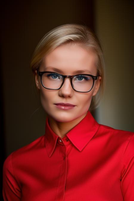 a portrait of a woman wo_ebloom01 with blonde hair, blue eyes, around 35 years old, upper body, intricate details, hyperdetailed, cinematic, high key, hdr, shoulders covered, red business shirt, glasses