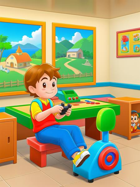 Draw a 3d cartoon school in village ,Vancover Island Cartoon  image for kids ,If you look at the screen in the game room, you can see a child sitting down and focusing on the joystick game, <lora:CartoonStyle_Hap_XL:1.6>,cartoon style,anime,masterpiece,UHD,perfection,perfect,detailed, <lora:add-detail-xl:0.01> ,<lora:hand 4:0.00001> ,<lora:OverallDetailXL:0.0001>, <lora:detailed_notrigger:0.0001> ,<lora:xl_more_art-full_v1:0.01>, <lora:XDetail_light:0.00001> ,<lora:perfection style:0.00001>, <lora:age:0.00001>,