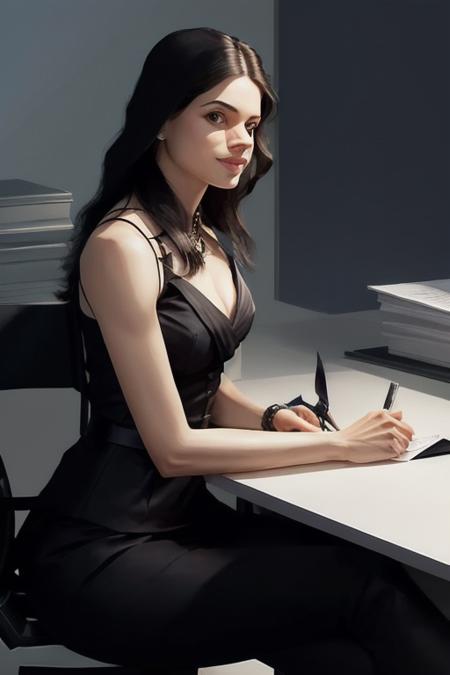 Executive  mslilym sitting at a desk, solo, business formal, smiling, sitting, desk, glasses, black hair, black tie, (waist up illustration)