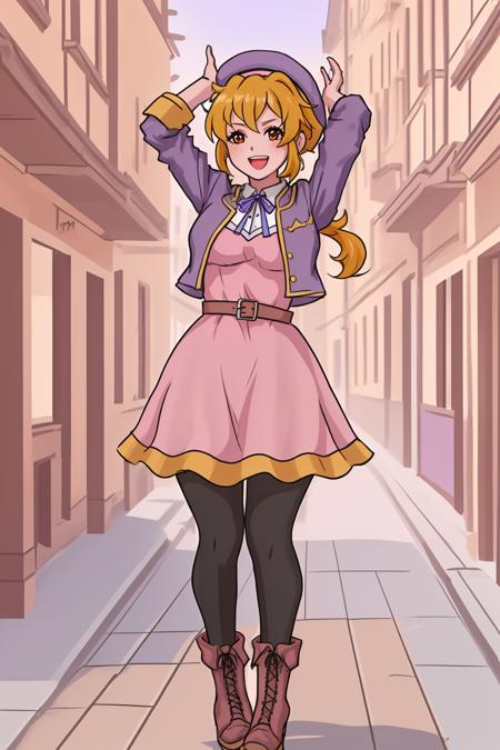 1girl,eleanor,standing,full body,happy,:d,pink dress,purple jacket,hat,beret,ribbon,ponytail,neck ribbon,black pantyhose,boots,arms up,in medieval city, <lora:EleanorV2:0.7>, <lora:LORA-XenoDetailer-v2:0.1>