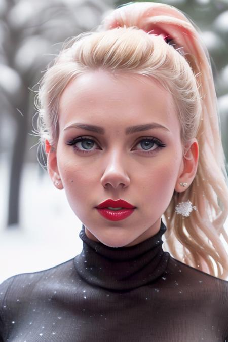 photo of a woman, scarjo:0.99,((beautiful blonde hair, ponytail):1.2) ((turtleneck sweater):1.2), (smug, horny), ((closeup, portrait):1.2),((outdoors, snow):1.2),((red lipstick,heavy eyeliner, heavy eye shadow, blush):1.2), ((best quality, masterpiece, extreme details, high resolution):1.2),((detailed eyes, beautiful eyes, detailed face, beautiful face):1.2)