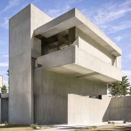 <lora:brutalism:1.0>, (brutalism:1.0), concrete, 
The exterior of the building is characterized by a series of intersecting planes, creating a sense of dynamic tension. The planes are clad in rough, unfinished concrete, emphasizing the building's raw materiality.