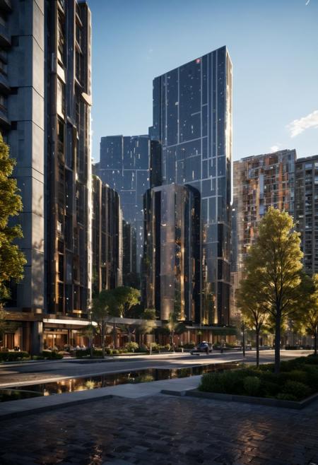 (((Modern style architecture, housing, luxury residence))),
outdoors, sky, tree, blue sky, no humans, ground vehicle, building, scenery, reflection, city, cityscape, bare tree, skyscraper, real world location,
(Large Files, Ultra Realistic, 8K, 16k, FHD, HD, VFX, Perfect, Photography, composition, Architecture Sales Photography, Architecture Competition, Ultra High Resolution, Cinematography, High Resolution Image:1.1), (dramatic lighting, direct sunlight, ray tracing, clear shadow:1.2), (real landscape:1.1), (blurred background:1.0), (urban background, more_details)  
(avant-garde, future, reality, science fiction, photorealistic), (modern architecture:1.2), White limestone with black granite, fountain, waterfall, landmark, square, path, narrow street,
(Large Files, Ultra Realistic, 8K, 16k, FHD, HD, VFX, Perfect, Photography, composition, Architecture Sales Photography, Architecture Competition, Ultra High Resolution, Cinematography, High Resolution Image:1.1), (dramatic lighting, direct sunlight, ray tracing, clear shadow:1.2),  (real landscape:1.1), (blurred background:1.0), (urban background, more_details) ,
great lighting, extremely detailed, clear, SteamPunk, scifiurban, vertical