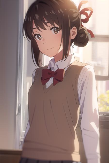 mitsuhamiyamizu, <lora:mitsuha miyamizu movie-lora-nochekaiser:1>,
mitsuha miyamizu, black hair, (brown eyes:1.5), smile,
BREAK short hair, bow, ribbon, hair bun, school uniform, hair ribbon, bowtie, red ribbon, sweater vest, (light brown sweater:1.5), shirt, white shirt, collared shirt, long sleeves, skirt, black skirt, pleated skirt,
BREAK indoors, classroom,
BREAK looking at viewer, (cowboy shot:1.5),
BREAK <lyco:GoodHands-beta2:1>, (masterpiece:1.2), best quality, high resolution, unity 8k wallpaper, (illustration:0.8), (beautiful detailed eyes:1.6), extremely detailed face, perfect lighting, extremely detailed CG, (perfect hands, perfect anatomy),