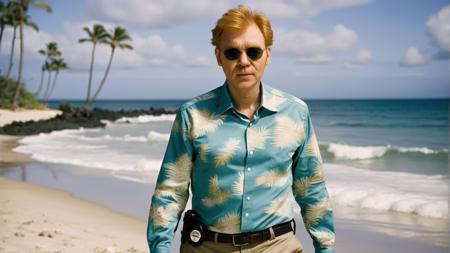 portrait of david caruso man, wearing an hawaian shirt, walking on the beach, whimsical, photo, canon dslr, high quality, photorealistic, bokeh, analog film, rule of 3rds composition