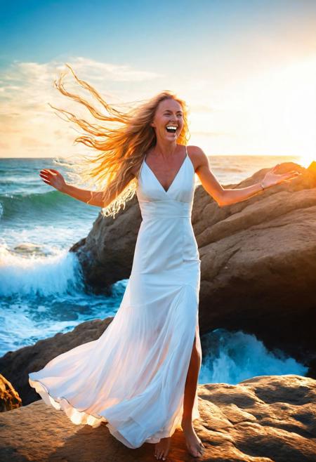 woman standing on a large rock formation on a tropical beach with rough surf crashing over it, thin white dress accentuating her fit body, long blonde hair, light blue eyes, hands outstretched, smiling and laughing, orange sunset, sun shining off the splashing water, low angle, long exposure, aidmaExperimentalPhotography. detailxl