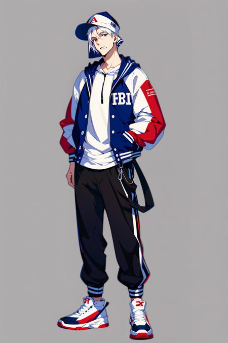 Character standing drawing, modern design, 1boy, male focus, solo, basketball, hood, sneakers, shoes, pants, white background, hand in pocket, full body, jacket, simple background, standing, black pants, letterman jacket, hoodie, white footwear, looking at viewer, hat, white hair, ball, hood up<lora:xiandai:0.8>,