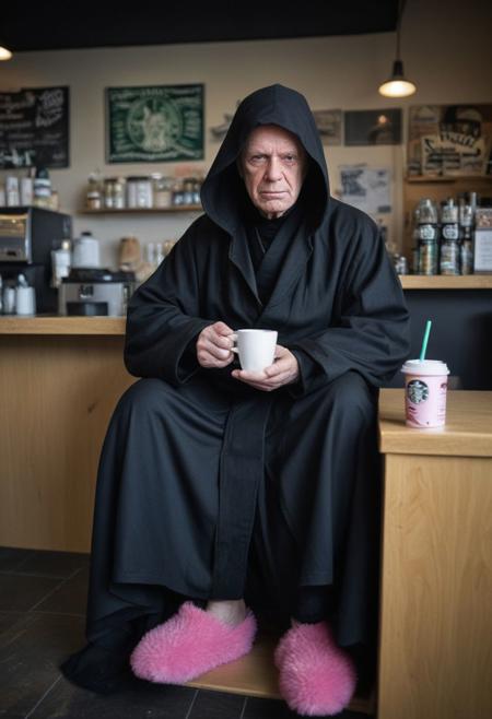 Emperor Palpatine wearing (black sith robe) and (fuzzy pink slippers on his feet) , drinking coffee from StarBucks
 gritty , militaristic, StarWars themed, echo image, sidelit, cinematic photograph, noise offset,  <lora:add-detail-xl:1> , Getty Images quality photograph , double exposure, multiple-exposure photograph, UHD, experimental lighting, experimental angles, strong fisheye-lens/ intense fisheye-view photograph, intricately detailed, very detailed background, realisticvision-negative-embedding, realisticvision-negative-embedding, epiCRealism