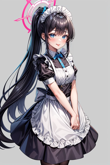 masterpiece:1.2, high quality, best quality, <lora:add_detail:1>, ,solo,tongue out,frilled apron,cram960,closed mouth,1girl,maid apron,grey background,apron,ponytail,aris \(maid\) \(blue archive\),blue eyes,green halo,aris \(blue archive\),frills,dress,very long hair,tongue,maid headdress,short sleeves,cropped legs,white apron,long hair,black hair,blush,simple background,blue archive,<key> \(robot\) \(blue archive\),black dress,halo,smile,highres,absurdly long hair,official alternate costume,looking at viewer,maid