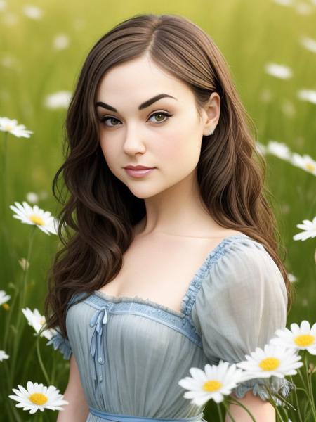 Picture, best quality, portrait photo of medieval maid Koh_SashaGrey wearing posing in a field of flowers, looking at viewer, perfect face, perfect eyes, smiling, sharp focus, meadow background, grass, flowers, blue sky