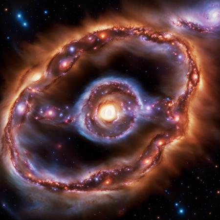 detailed realistic photo of a black hole pulling in a galaxy, nebula, light beams, warped space, vibrant, masterpiece
