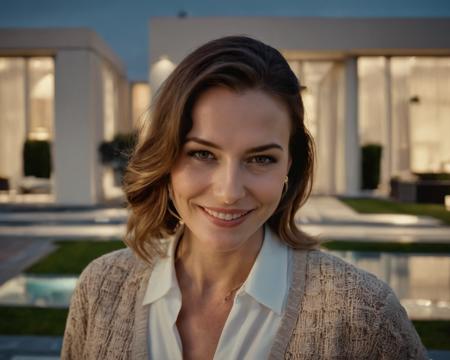 cinematic photo russian woman, (((looks at the camera, smile))), luxury house, Vermeer lighting, shot on Hasselblad camera, 35 mm lens
Artists
Prada,
Louis Vuitton,
Gucci,
Hugo Boss,
Versace, <lora:gdmextxl:1> GDMEXTXL modern house exterior, award winning photo, high quality photography, 4k, hd, sharp focus, high resolution, wide dynamic range,, natural skin texture,detailed skin,pores,4k,8k,hd, aperture f/2.8, bokeh, shallow depth of field . 35mm photograph, film, bokeh, professional, 4k, highly detailed