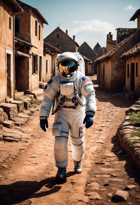 photo of astronaut walking in a old village in the background