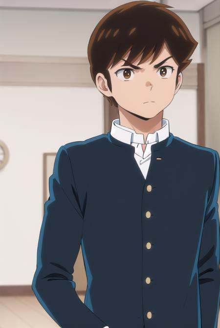 atarumoroboshi, <lora:ataru moroboshi s1-lora-nochekaiser:1>,
ataru moroboshi, brown hair, male focus, (brown eyes:1.5),
BREAK shirt, school uniform, white shirt, collared shirt, pants, black pants, sneakers, gakuran,
BREAK indoors, classroom,
BREAK looking at viewer, (cowboy shot:1.5),
BREAK <lyco:GoodHands-beta2:1>, (masterpiece:1.2), best quality, high resolution, unity 8k wallpaper, (illustration:0.8), (beautiful detailed eyes:1.6), extremely detailed face, perfect lighting, extremely detailed CG, (perfect hands, perfect anatomy),