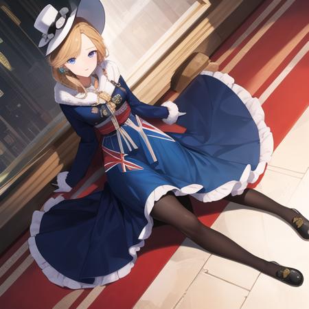 (masterpiece, best quality:1.2),illustration,8k,hd,1girl,solo,upper body,(portrait:1.2),white_gloves,blue_eyes,gloves,long_hair,black_bow,blonde_hair,bow,brown_pantyhose,white_headwear,hair_bow,dress,hat,anchor,blue_dress,long_sleeves,pantyhose,tilted_headwear,shoes,union jack capelet,braid,blue_capelet,earrings,jewelry,grey_footwear,white_footwear,hair_over_shoulder,bangs,<lora:Hood>,