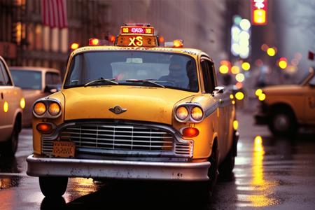 analog gloomy photo of a Checker Taxicab,  <lora:ch3ck3rc4b:1>, rear view, ((broadway in new york city (at night))), (abandoned buildings), (graffiti), (horror movie), ((nighttime)), rain,  High Detail, Sharp focus, (photorealism), realistic, best quality, 8k, award winning, dramatic lighting, epic, cinematic, masterpiece, rim light, ambient fog:1.2,  dutch angle, depth of field,