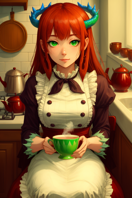 <lora:Kitchen_Dragonmaid-10:0.7>, kitchen_dragonmaid, holding, sitting, green eyes, cup, holding cup, teacup