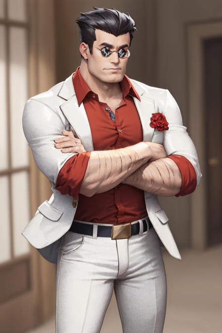 (masterpiece, best quality:1.2), solo, male focus, 1boy, hthelltaker, arm hair, closed mouth, looking at viewer, crossed arms, sunglasses, white jacket, red shirt, collared shirt, sleeves rolled up, white pants <lora:helltaker_helltaker:1.0>