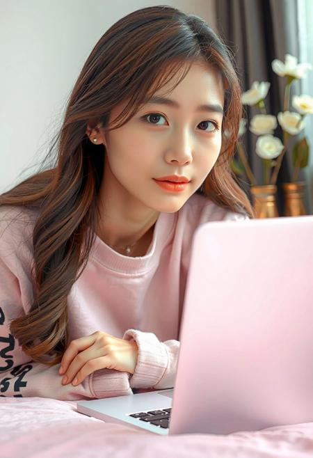 DSLR-style, slender, elegant 26-year-old Korean model, translucent pale skin with natural texture, soft shadow on cheek, diffused daylight from side, parted lips, masterpiece, ultra high-res  
<lora:NOOB_vp1_detailer_by_volnovik_v1:1>
barely visible pores, subtle skin texture variation, translucent skin tone, full body. 
"A young woman with long, wavy brown hair is lying on her stomach on a pink bed, propped up slightly with a pillow. She is wearing a light pink sweatshirt with black text on the sleeves and a light blue garment underneath, She is looking directly at the viewer with a soft expression. In front of her is a white laptop with an LG logo visible. Behind her, to the right, is a brown and gold vase holding artificial white flowers, and a glimpse of a dark grey curtain. The background is a plain white wall."
) (masterpiece:1.4), (