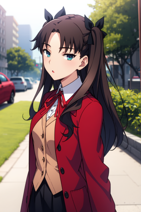 rin, blue eyes, brown hair, long hair, two side up, parted bangs, black hair ribbon red sweater, long sleeves, turtleneck, cross print, black skirt, pleated skirt, miniskirt, black thighhighs