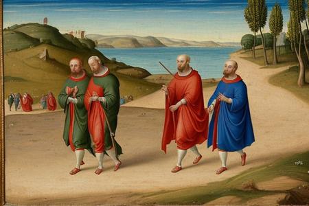 a detailed medieval painting of the sceletons walking from sea