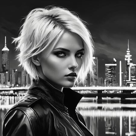 A striking portrait of a beautiful woman with short, tousled platinum blonde hair, intense eyes, and sharp facial features. The artwork is in a semi-realistic, high-detail black-and-white style with a cyberpunk and futuristic aesthetic. The background features a surreal cityscape, blending into her figure with an abstract, painterly effect. One side of the city is dark and shadowy, while the other side is illuminated by a glowing, golden sunset, reflecting off the water. The composition is dynamic, with a mix of fine details and expressive brushstrokes, creating a dreamlike and cinematic atmosphere.