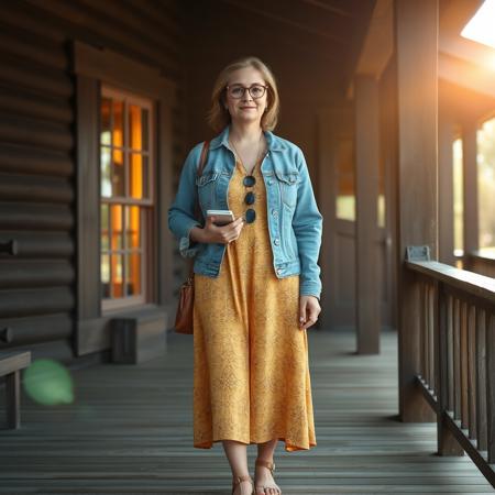 masterpiece full-body portrait of a casually dressed woman outdoors::1.4, rustic natural light photography style::1.2, realistic digital painting::1.1,
(physical description: adult woman, medium to full build, standing facing the viewer, wearing eyeglasses, holding a phone or book:1.1)
(facial features, expression: soft, relaxed expression, natural lighting on face:1.0)
(clothing details: denim jacket or shirt over a patterned midi dress in yellow and brown tones, open-toed sandals:1.0)
(accessories: eyeglasses, possibly subtle jewelry or practical bag, anklets, and metal jewelry,:0.9)
(background setting: outdoor porch or deck area with rustic elements—building with dark siding and log cabin features, one window glowing with warm interior light:0.9)
(lighting style: bright sunlight with noticeable glare or lens flare, emphasizing the warmth and clarity of day:0.8)
(composition and camera framing: full-body shot centered on the subject, naturalistic framing with a slight tilt to capture architectural details:1.0)
(emotional tone or theme: calm, grounded, and rustic with a hint of domestic coziness:0.9)
(technical execution: realistic digital texture on clothing and wood grain, warm contrast between sunlit elements and shadows, strong subject focus with soft background:0.8)